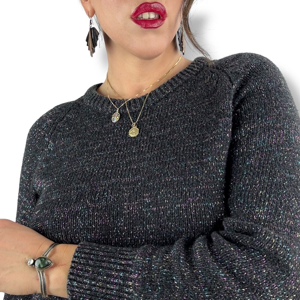 1970's black metallic rainbow knit crew neck sweater  by CRYSTAL SPORTSWEAR